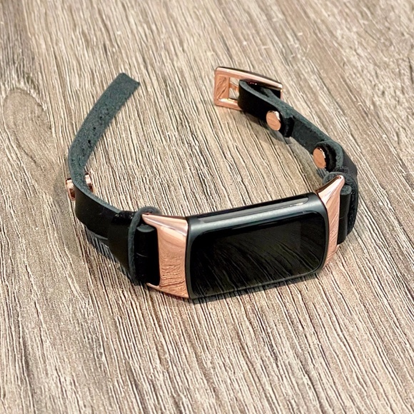 Black Leather Slim Strap Fitbit Charge 5 Band Rose Gold Jewelry Women Bracelet - Picture 6 of 8